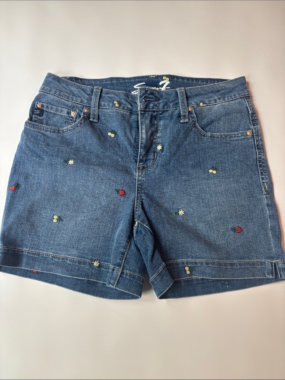 Seven7 Blue Embroidered Daisy Jean Shorts
